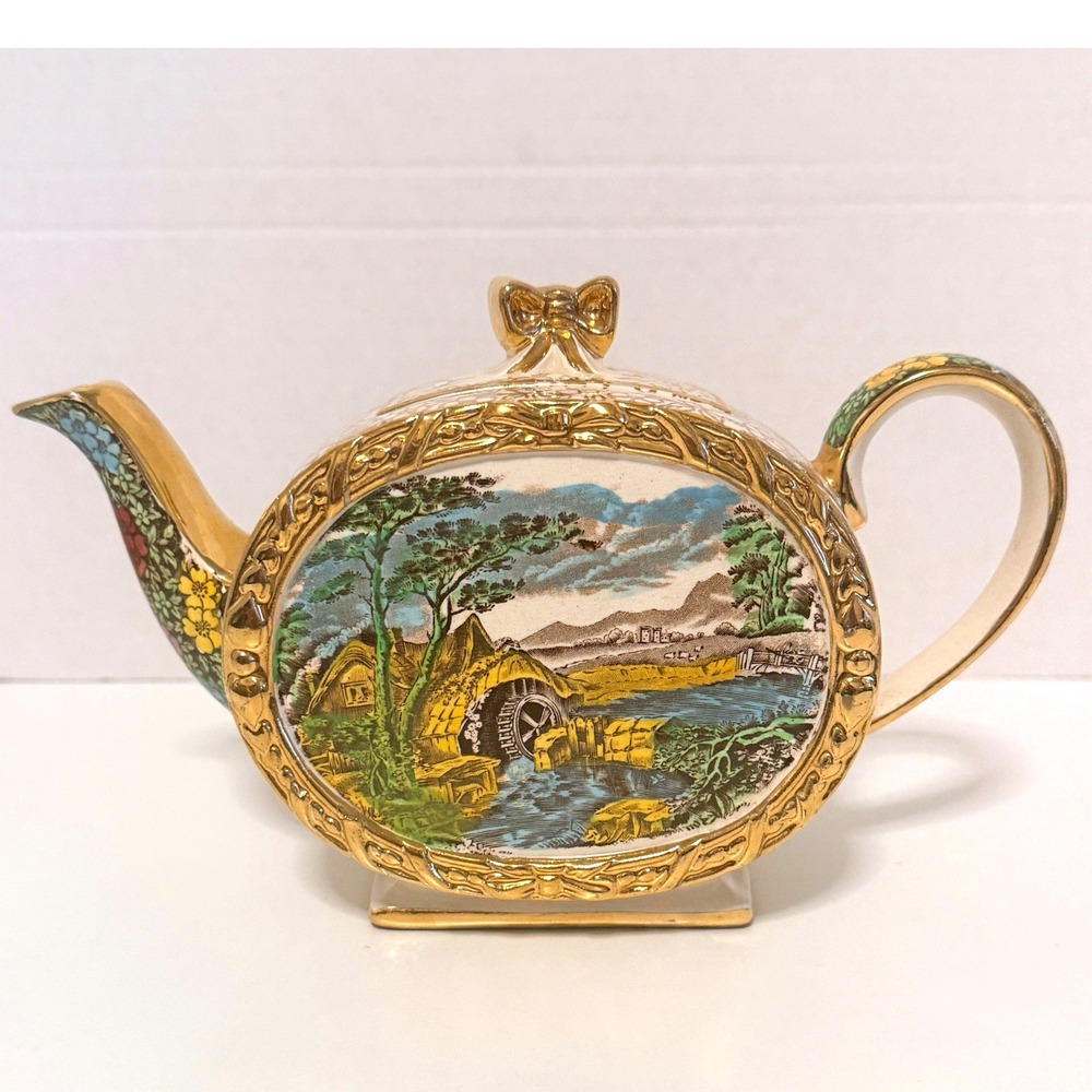 Sadler Teapot The Old Mill Gold Filigree Chintz England Vintage Decor